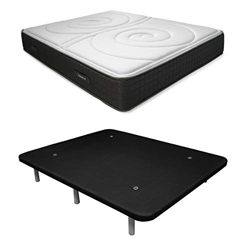 Duérmete Online Pack Ahorro Cama Completa Colchón Viscoelástico Visco Duo Reversible + Base tapizada 3D Reforzada, 5 Barras de Refuerzo y válvulas de ventilación con 6 Patas, Negro, 135x200