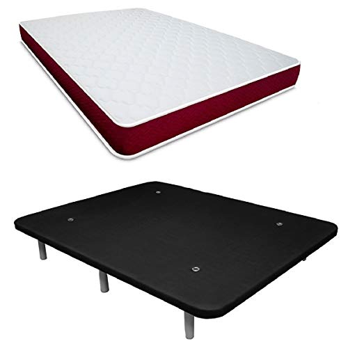 Duérmete Online Pack Ahorro Colchón Viscoelástico Lyla Reversible + Base Tapizada 3D Reforzada 5 Barras de Refuerzo y Válvulas de Ventilación con 6 Patas, Negro, 135x190