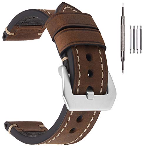 EACHE Correas de reloj de cuero para hombre 24mm Correas de reloj de cuero grueso Crazy Horse Correas de reloj marrón oscuro con hebilla plateada