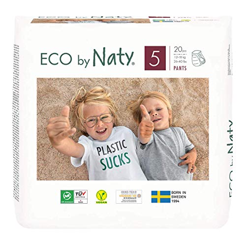 Eco by Naty, Pañales Pants, Talla/Tamaño 5, 80 pañales, 12-18kg, suministro para UN MES, Pañales pants ecológicos premium hechos a base de fibras vegetales. Sin sustancias nocivas