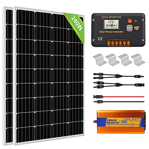 ECO-WORTHY 240 Watt (2pcs 120 Watt) Panel solar monocristalino Fuera de la red Kit de barco RV con controlador de carga + Cable solar + Soportes de montaje + Inversor de 1000W