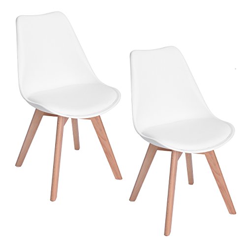 EGGREE Pack de 2 Sillas de Comedor Sillas Cocina Nórdico con Asiento Tapizado y Las piernas de Madera de Haya Maciza - Blanco