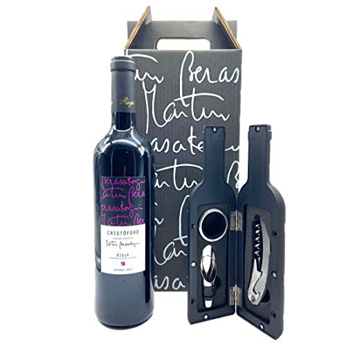 Estuche Regalo Vino Tinto - Pack de 1 Botella Selección Especial Martin Berasategui - Cristóforo Crianza D.Origen Rioja + Kit con Abrecorchos Aireador y Anillo Antigoteo. Ideal para regalar