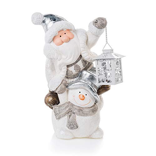 EUROCINSA Set de 2 Figuras de Papa Noel y muñeco de Nieve con Farol 28x20x38cm. 2uds, poliresina, Blanco/Plata, Talla única