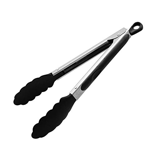 Fackelmann Pinza Cocina acero inoxidable larga multiusos con palas nylon negro antiadherente para carne, 27x3,8cm, 1ud.