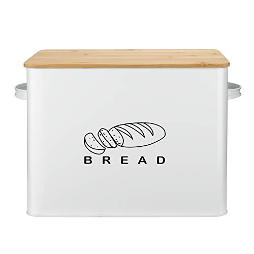 G.a HOMEFAVOR Panera Extra Grande Caja de Pan de Metal conTabla de Cortar de Bambú in Blanco para una frescura, 39x19x25,3 cm