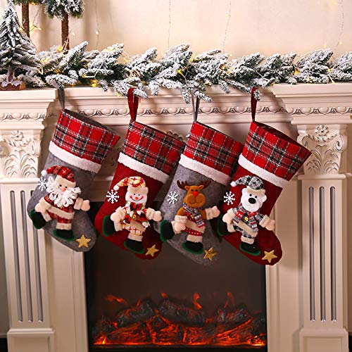 Galapara Medias de Navidad,Juego de 4 Calcetines de Navidad Regalode Decoración Bordado de Muñeco Nieve Mini Botas Bolsillo Calcetín de Tartán de Felpa Roja para Año de Dulces Presenta