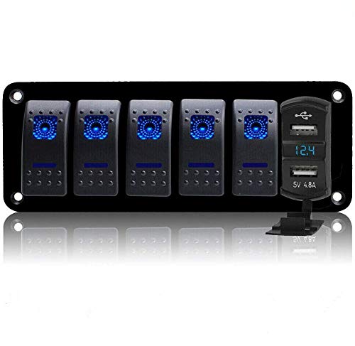 Geloo Panel de interruptor basculante de 5 Gang, 12 V/24 V, ranura para pantalla LED, 4,8 A, adaptador de cargador USB dual IP68, resistente al agua