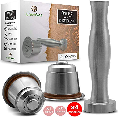 ☕ Greenvea - Juego completo de 4 cápsulas de café Nespresso Rellenables, Recargables y Reutilizables.