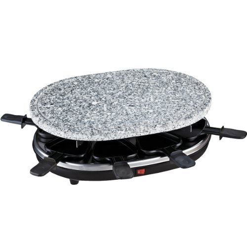 H.Koenig Grill RP85 Raclette 8 Personas, Plancha de Piedra Natural, 900 W, Acero Inoxidable, Negro, 8 Sartenes Antiadherentes