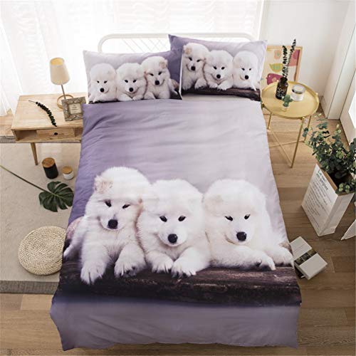 HNHDDZ Funda de Edredón 3D Animal Perro Tortuga Azul Blanco Impresión Juego de Cama Sabana y Funda de Almohada Poliéster Familia Niño Niña Cremallera (Tres Perros Blancos,180x220 cm - Cama 90 cm)