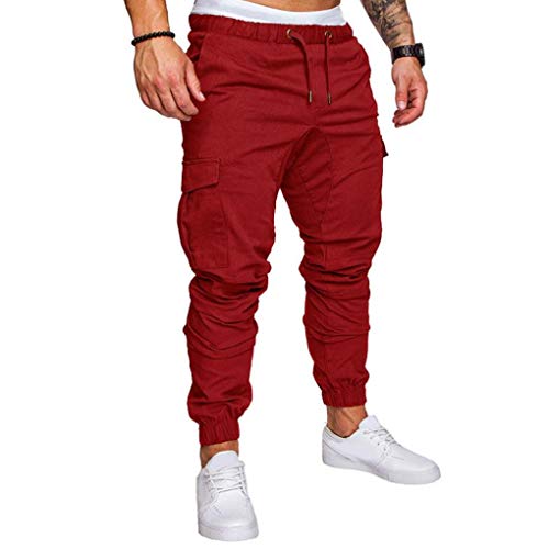 Hotaden Drawstring Pantalones para los Hombres Operando Pantalones pantalón de Carga Streetwear Multi-Bolsillo del pantalón Joggers Pantalones Rojo XL