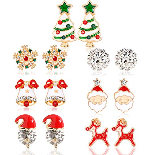 HOWAF 7 Pares Pendientes Navidad para Mujer Niña Navidad Regalo Maquillaje Accesorios Decoraciones Artículo, Árbol de Navidad Sombrero de Papa Noel Reno Copo de Nieve Cascabel Pendientes aretes