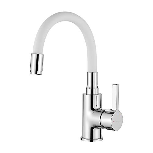 Ibergrif M11399-3 Grifo de Lavabo con Caño de Flexible, Mezclador Monomando para Baño, Cromo, Blanco, M