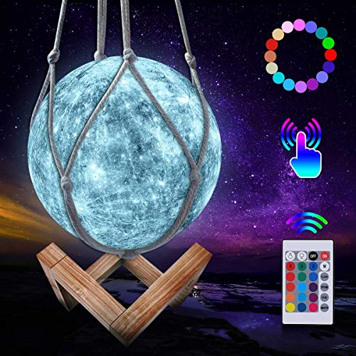 JBHOO Nuevo Lámpara de Luna 3D 16 Color LED Recargable Luz Mercurio, 15cm Lampara Mercurio con Soporte de Madera y red Colgante, Control Remoto y Control Táctil para Bebés, Amigos