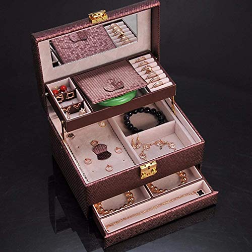 Jewelry Box for Women, Caja de joyería de cuero, diseño semi-vinculado Caja de joyería de múltiples capas de múltiples capas para collar anillo Pendiente de oreja Pulsera de espárrago Broche (rojo vin