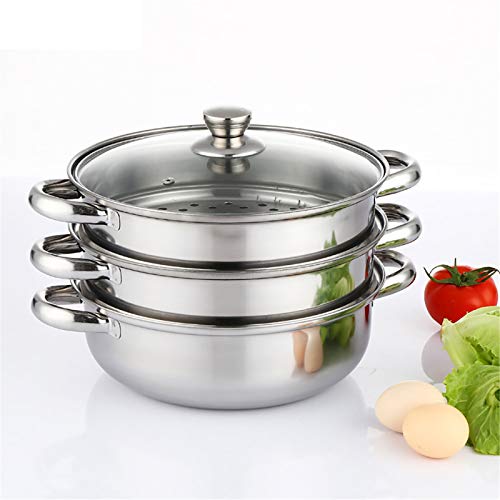 Kaibrite - Olla de vapor de acero inoxidable con tapa de cristal para cocinar al vapor (3 niveles, 28 cm)