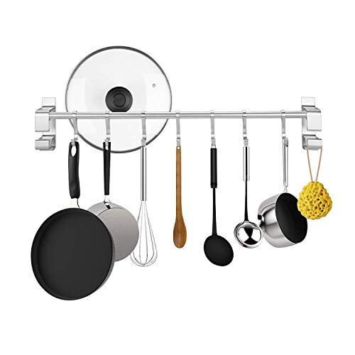 KINLO Baldas Pared Adhesiva Sin Perforar 【Ofer.ta Limitada】NO SE OXIDARÁ de Aluminio con 7 Ganchos para Utensilios de Cocina/Baño Barra organizadora para Ropa/Toalla/Sartén -Plata 50CM Soporte 5KG