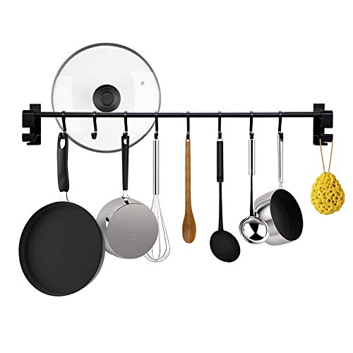 KINLO Estantes y Soportes para ollas y sartenes de Aluminio Inoxidable con 8 Ganchos para Utensilios de Cocina/Baño Baldas Pared para Ropa/Toalla/Sartén Estante Organizador -Negro 60CM Soporte 5KG