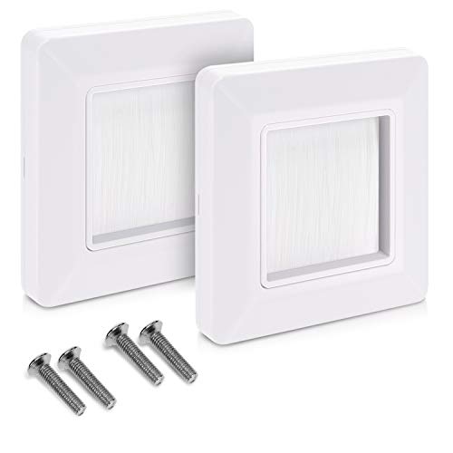 kwmobile 2x Placa de pared con cepillo - Cubierta oculta para tapar cables salidas hoyos y cableado - Set de pasacables para enchufe europeo - Blanco