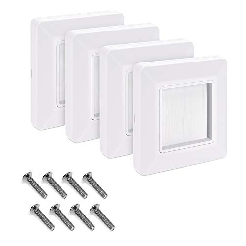 kwmobile 4x Placa de pared con cepillo - Cubierta oculta para tapar cables salidas hoyos y cableado - Set de pasacables para enchufe europeo - Blanco