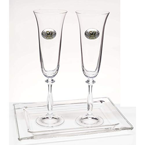 la galaica | - Pack de 2 Copas de Cristal para Champán Cava y Espumoso + Bandeja de Cristal | Regalo para 50 Aniversario - Bodas de Oro y Plata | Angela | Estuche de protección