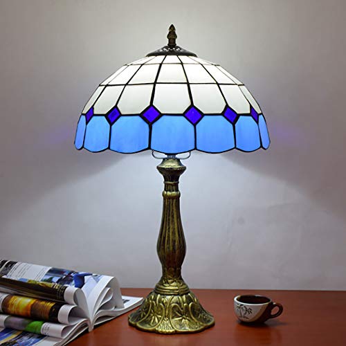 Lámpara de mesa de estilo mediterráneo simple Tiffany, E27, dormitorio, luz nocturna tenue, lámpara de escritorio junto a la cama de 12 pulgadas con pantalla de vidrieras para sala de estar-Dimmers