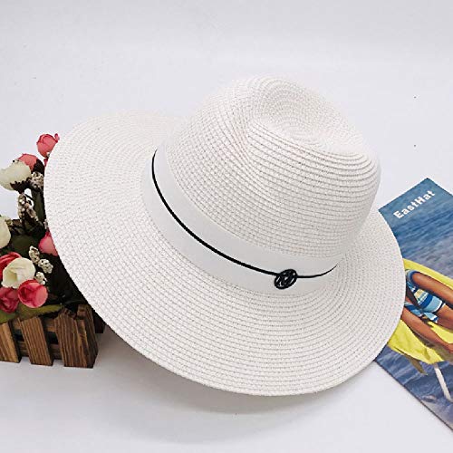 Liaiqing Moda Sombrero de ala Ancha del Sombrero de Copa Plegable Mujer Verano Viajes señoras Sombrero de Sol Ocio Playa Mar del Sombrero de Paja Pescador Sombrero de Paja Rafia 100% (Color : Blanco)