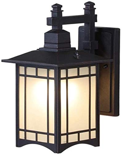 Luz de Pared Impermeable China Retro Caja de Metal Cuadrada 13"Alto Negro Patio Exterior Porche Mission Aplique Estilo japonés Farol de Vidrio Esmerilado Panel Escalera Pasillo Balcón Jardín W