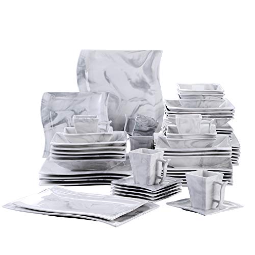 MALACASA Serie Flora Grey Vajillas de Porcelana 56 Piezas 6 Tazones, 6 Tazas, 6 Platillos, 12 Platos de Postre, 12 Sopas, 12 Platos y 2 Platos, Diseño con Patrón de Mármol Gris