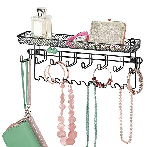 mDesign Colgador de joyas en metal – Joyero organizador, ideal para colgar collares, pendientes, pulseras y otros accesorios – Práctico colgador de pared para organizar bisutería – negro