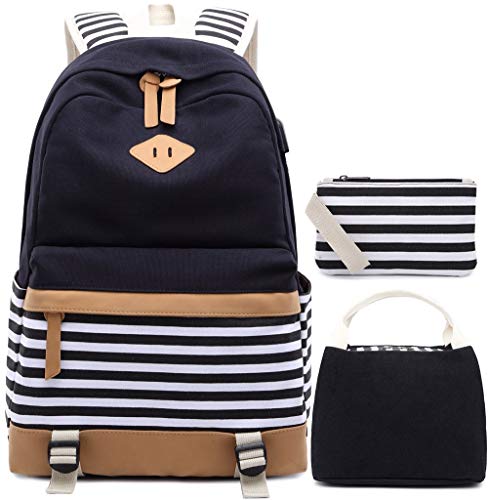 Mochila de Lona a Rayas Cabe 15.6"Laptop Bolsas Escolares para niñas Adolescentes Daypacks Casuales con Puerto de Carga USB, 1 Monedero del Bolso, 1 Bolsa de Almuerzo Pack de 3- (Negro)