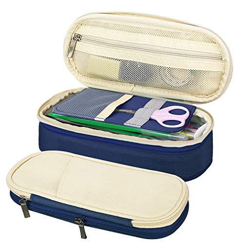 MoKo Funda para Lápices de Gran Capacidad, Caja de Almacenamiento Bolsa de Soporte de Lápiz Portable, Organizador de Papelería con Cremallera para Oficina y Escuela - Beige + Azul Marino