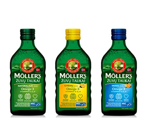 Moller Omega 3 Aceite de Hígado Suplemento dietético nórdico con EPA, DHA, Vitamina A, D, E Premio Superior del Gusto Alta pureza Sabor a Lemon, Natural, Fruit de marca de 165 años 250 ml x 3 botellas