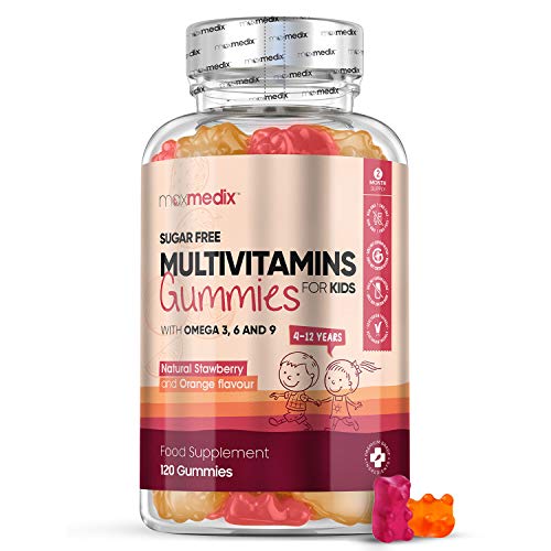 Multivitaminas Niños 120 Gominolas Sin Azucar Sabor Fresa y Naranja - Con 17 Vitaminas, Minerales y Omega 3 6 y 9, Vitaminas Niños Gominolas, Apoyo Natural Sistema Inmunitario, Con Vitamina B, C, D