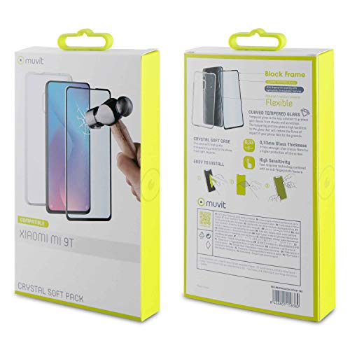 Muvit Pack Xiaomi Mi 9T Funda Cristal Soft Transparente + Protector Pantalla Vidrio Templado Plano Marco Negro