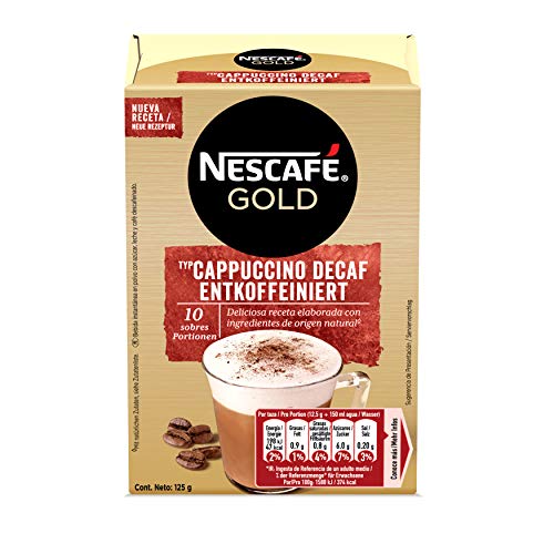 NESCAFÉ GOLD Cappuccino Descafeinado, Café soluble descafeinado, 10 Sobres de 12,5g