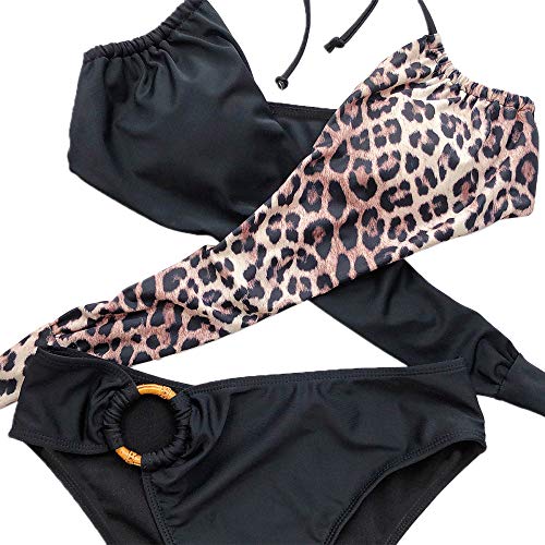 NUOSHOU Traje de Baño Falda Siamés Traje de Baño de Las Mujeres Conjunto de Bikini Camisola Traje de Baño de Cintura Alta,Ropa de Playa Vacaciones Leopardo Vendaje Verano Dos Piezas