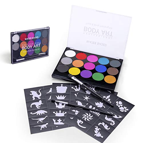 Omew Pintura Cara Niños Pinturas al Agua ,Pintura Facial para Disfraces, Maquillaje Color Kit de Pintura Facial Corporal, Niños y Adultos, Face Paint Paleta de 15 Colores, 2 Pinceles