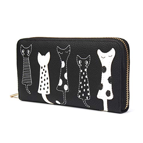 OURBAG Cartera de Mujer Monedero Lindo del Gato Bolso Largo con Cremallera Negro