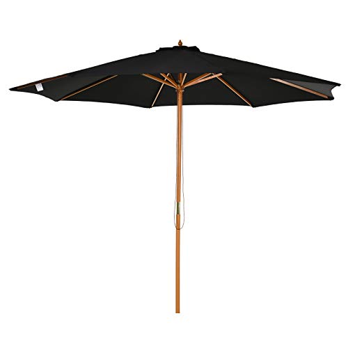 Outsunny Sombrilla Parasol Exterior de Madera para Jardín Playa Cafetería Piscina Regulable Altura Ajustable en 3 Niveles con Sistema de Polea Desmonta Fácil Ahorra Espacio 300x250cm Negro