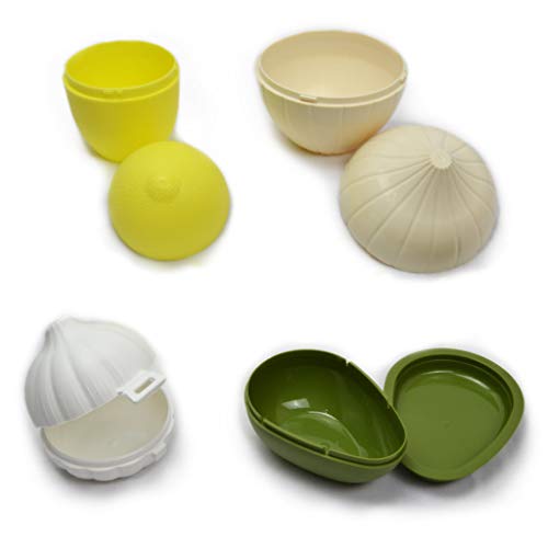 Pack de 4 Recipientes Guarda Verduras para Nevera Almacenamiento Refrigerador - limón, Cebolla, ajo y Aguacate - Accesorios Cocina Novedad Tupperware Plástico BPA Free