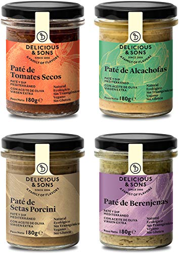 Pack Patés Vegetales - Ecológicos - Sin Transgénicos - Sin Gluten - Veganos - Con Aceite de Oliva Virgen Extra - 180g (Pack de 4)