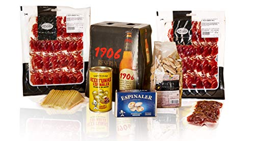 PACKS SNACKS + CERVEZAS (6 cervezas 1906, 2 sobres lóncheados paleta ibérica, fuet loncheado, queso manchego loncheado, berberechos, aceitunas rellenas de anchoa y picos rústicos.