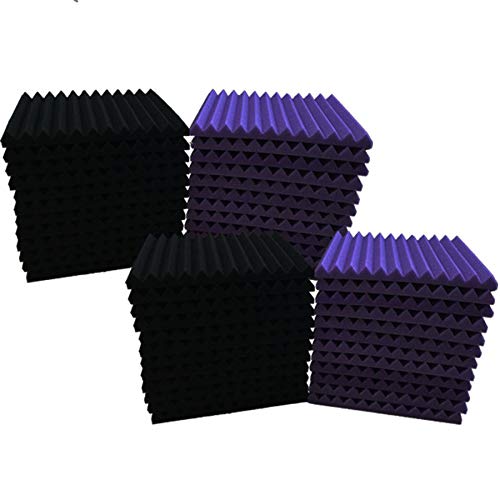 Paquete de 48 paneles de pared para absorción de sonido de espuma acústica, color morado, negro, 2,5 x 30,5 x 30,5 cm