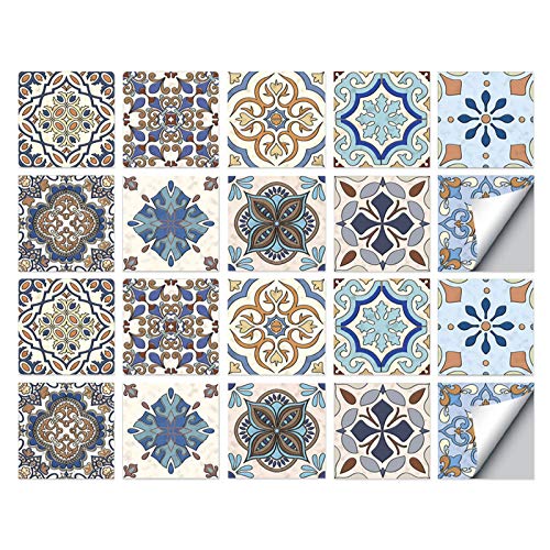 Pegatinas para Azulejos, Autoadhesivas Impermeables Medioambientales Marroquíes Bricolaje Azulejos Transferencias Cerámica Turca Estilo Pegatinas para Cocina Baño Decoración Hogar (15 x 15 cm,C-20PCS)