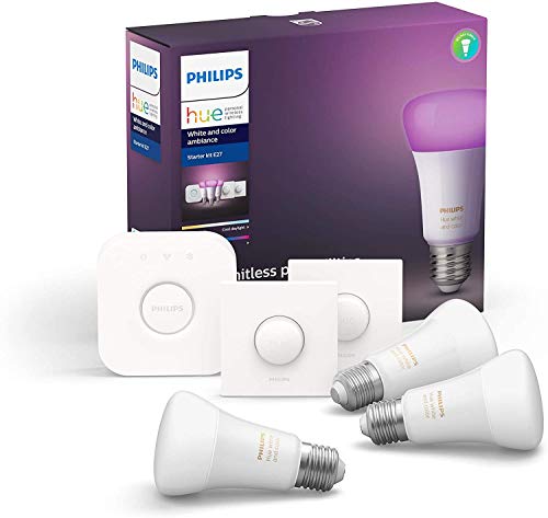 Philips Hue Pack de 3 Bombillas Inteligentes LED E27, con Bluetooth, Puente y 2 Interruptores, Luz Blanca y Color, Compatible con Alexa y Google Home