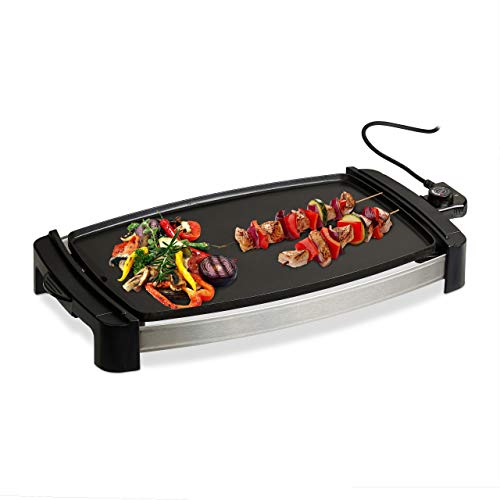 Relaxdays Plancha Cocina, Grill Eléctrico de 2000 W, Parrilla para Asar, Antiadherente, Aluminio, 45 x 30 cm, Negro