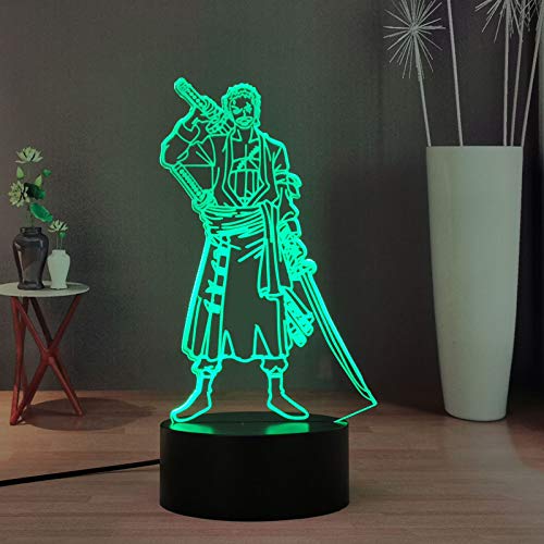 Roronoa Zoro - Luz nocturna 3D para niños, diseño de anime japonés ONE con mando a distancia con 16 colores LED para escritorio, la mejor luz de Navidad de cumpleaños para niños/niñas/fans