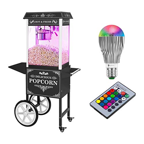 Royal Catering Palomitera Con Carrito E Iluminación LED Diseño Retro Negro RCPW-16.2 Popcorn Machine LED Set (1600 Watt, Olla Con Revestimiento De Teflón)